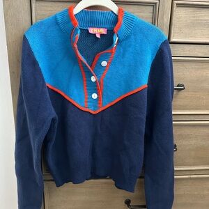 THML Women's Teal and Navy Sweater with Orange Accents